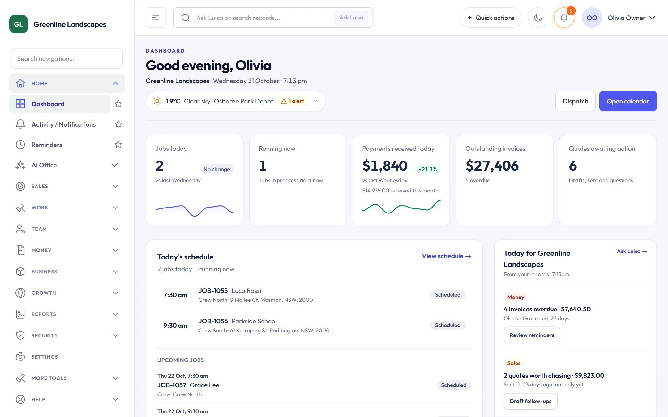 Owner dashboard for a landscaping business