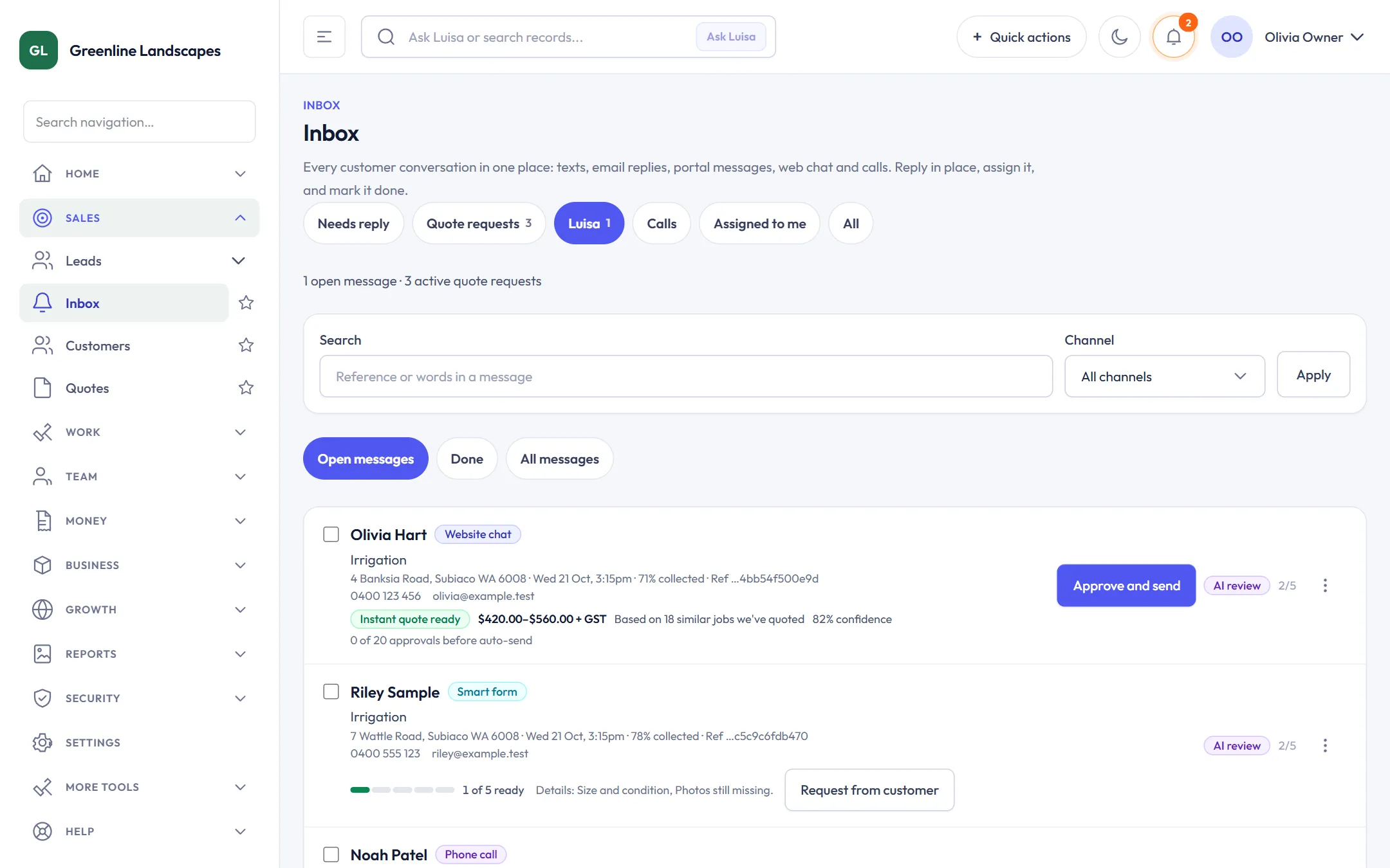 ScapeOne inbox with an instant quote ready to approve and send