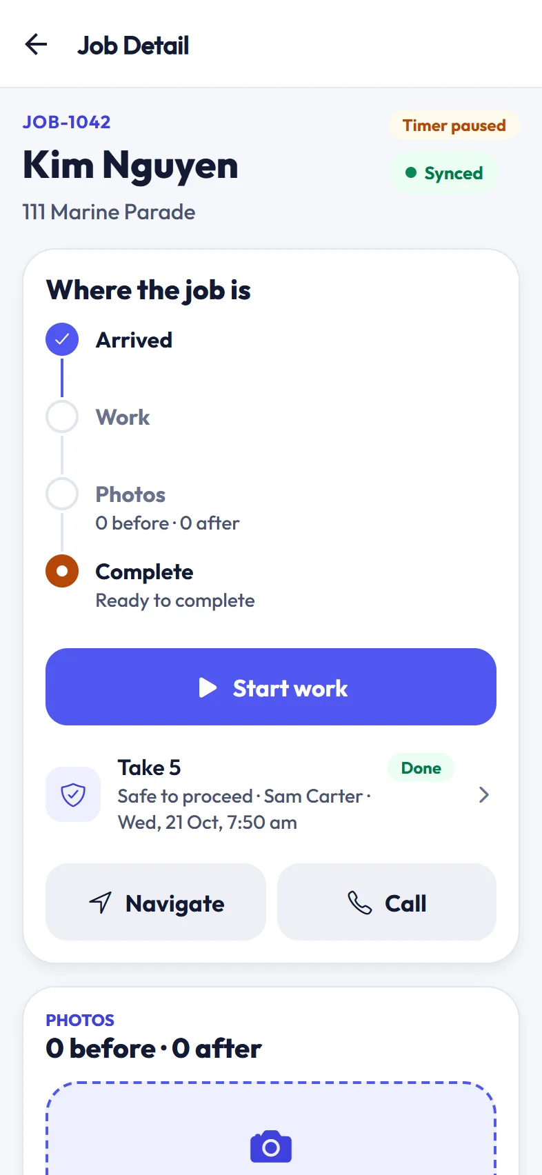Job screen showing the Take 5 done and safe to proceed