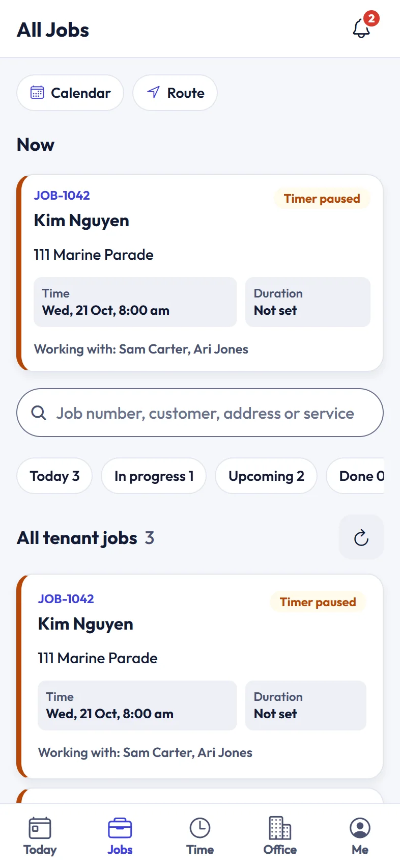 Jobs list with the job in progress, search and today, in progress and upcoming filters