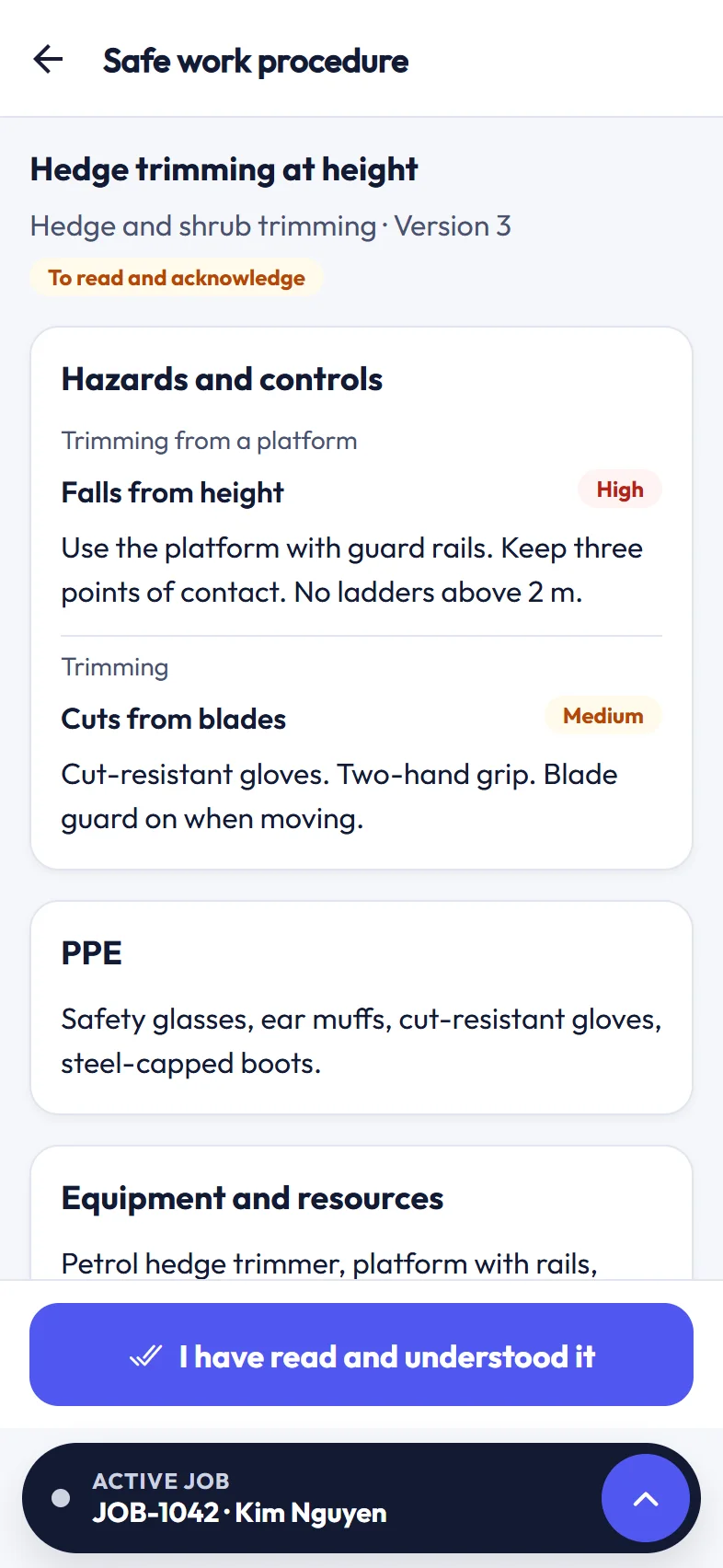 Safe work procedure in the crew app with hazards, controls and risk levels