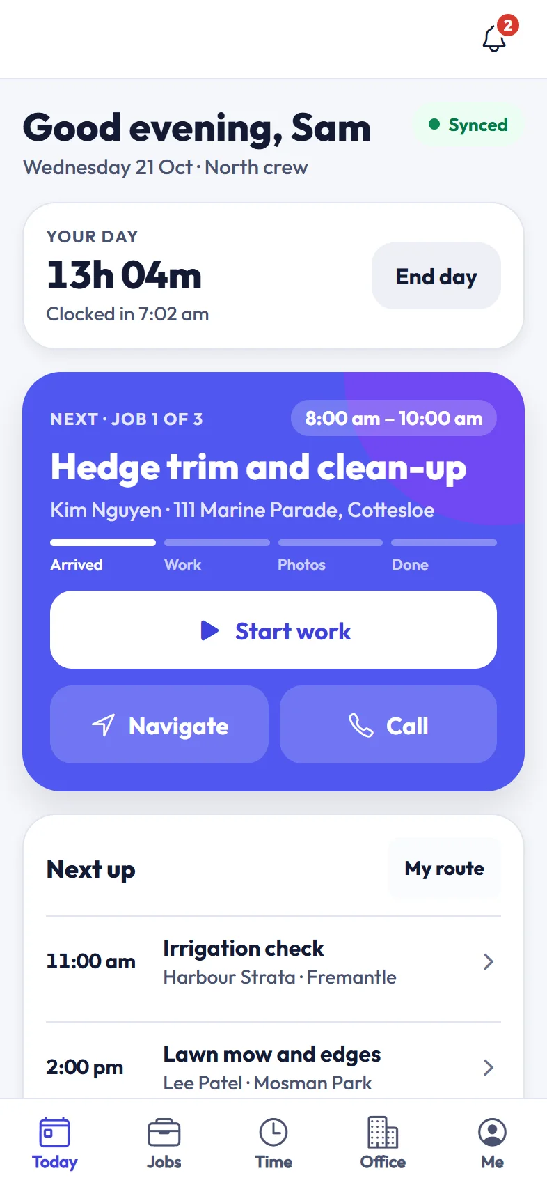ScapeOne crew app today screen with the next job
