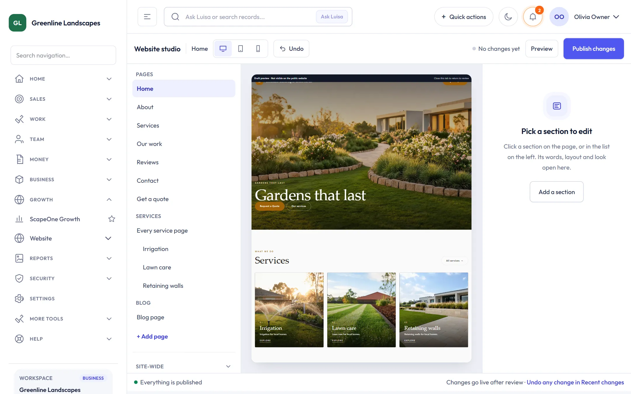Website studio editing the homepage of a landscaping business