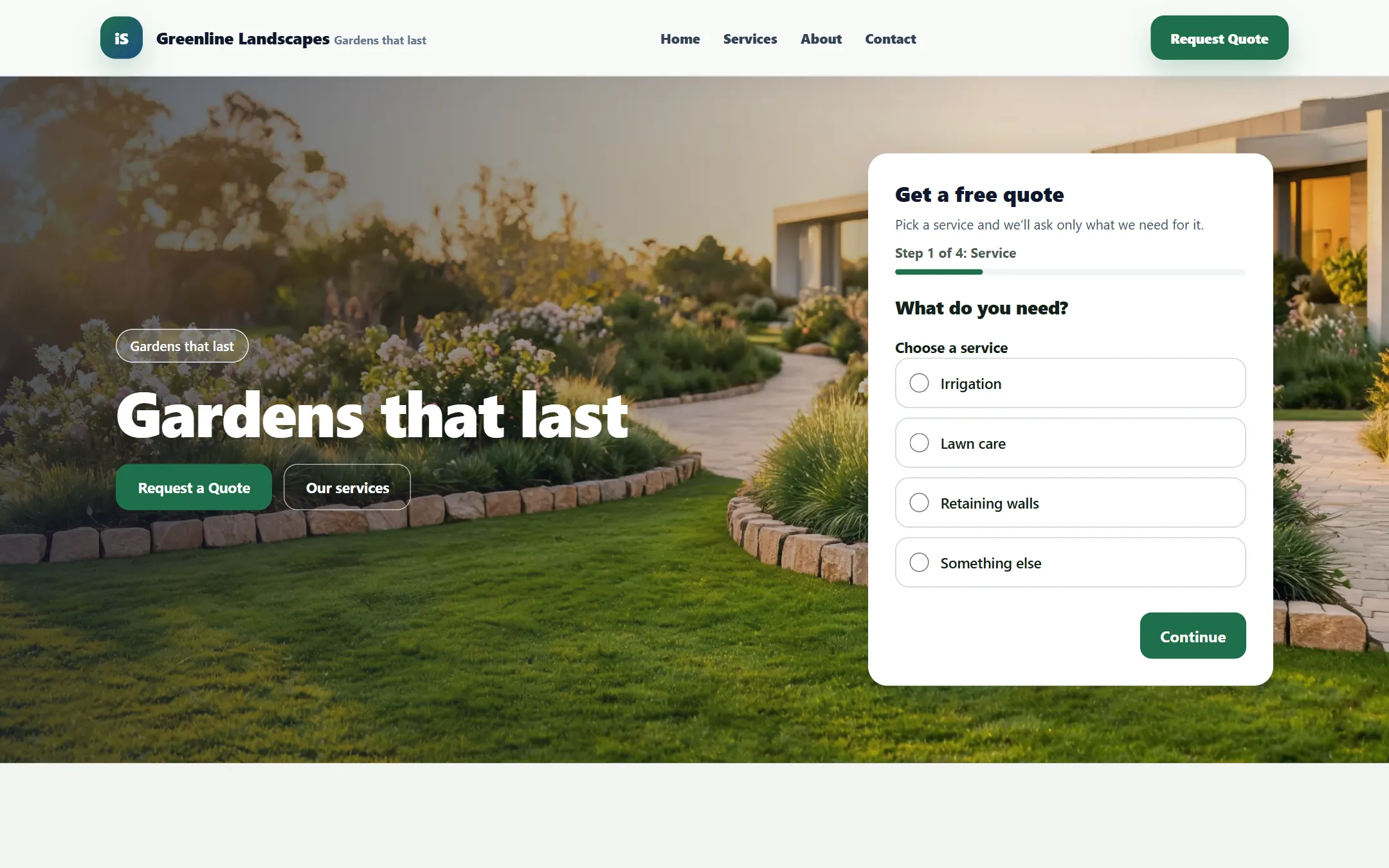The Local theme homepage for a fictional landscaping business, Greenline Landscapes