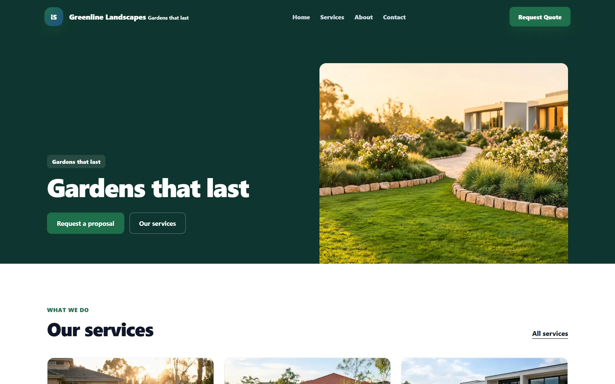 The Professional theme homepage for a fictional landscaping business, Greenline Landscapes