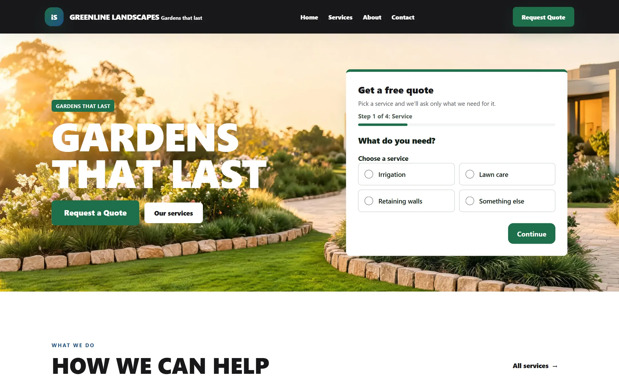 The Tradie theme homepage for a fictional landscaping business, Greenline Landscapes